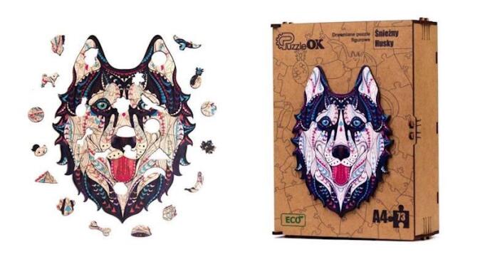 Puzzle drewniane eko 73 Śnieżny husky A4